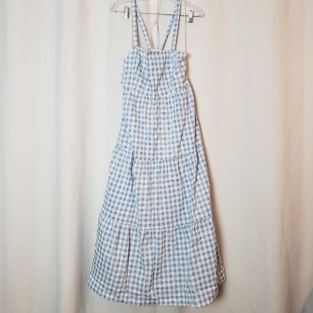 Lost + Wander Blue Gingham Daisy Eyelet Tiered Maxi Dress Size L